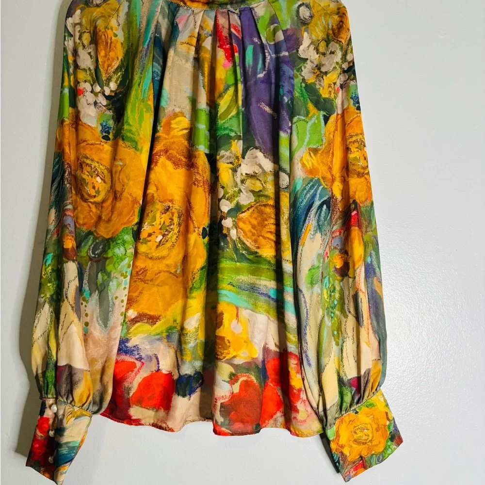 Painterly Floral High-Neck Blouse in Yellow Multicolor - Picture 2 of 2